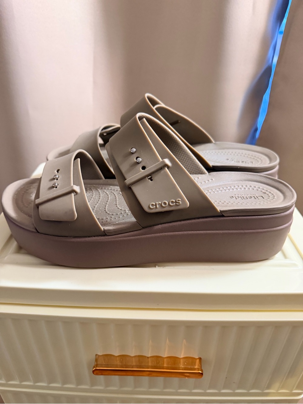 CROCS Women's Taupe Dual-Strap Platform Slide Sandals - Picture 3 of 5